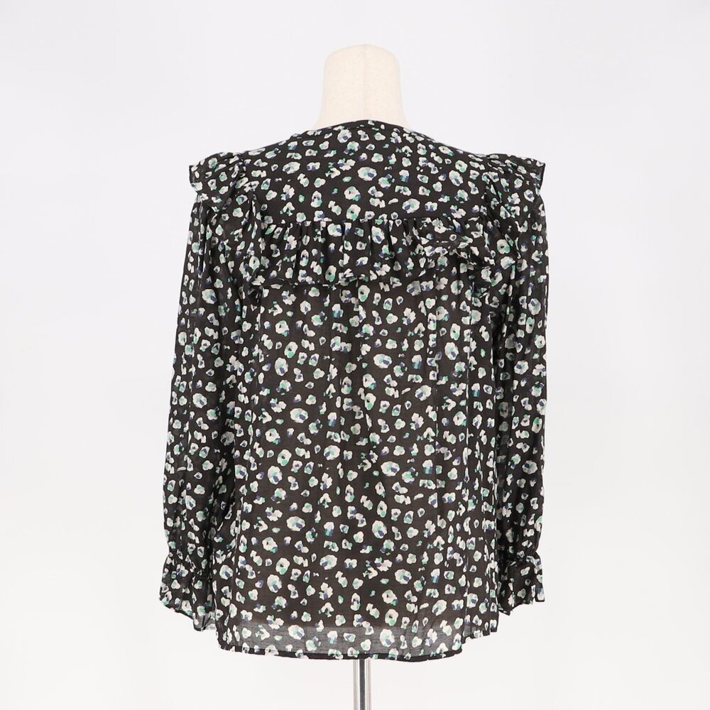 ba&sh Blake Blouse Ruffled Yoke Abstract Printed Long Sleeve Black Green Size M - Picture 6 of 9